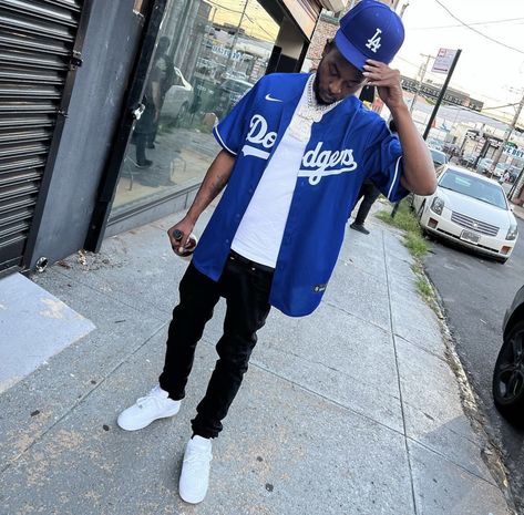 Dodger Jersey Outfit For Men, Blue Baseball Jersey Outfit, Dodgers Outfit Men, Dodgers Jersey Outfit Men, Baseball Drip Ideas, Mlb Jersey Outfit Men, Baseball Game Outfit Men, Dodgers Jersey Outfit, La Dodgers Outfit