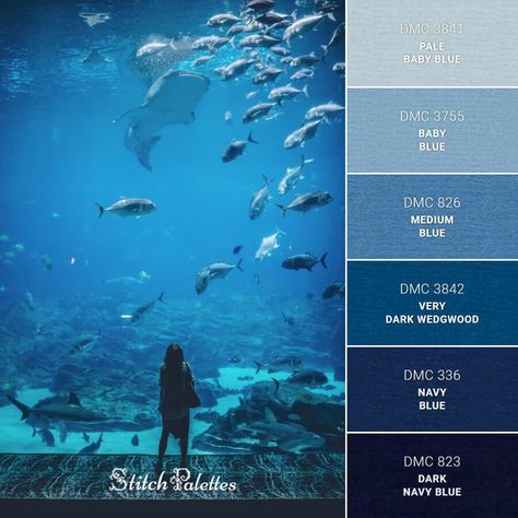 Embroidery Color Palette, Embroidery And Cross Stitch, Cross Stitch Projects, Breathing Underwater, Color Pallete, Color Schemes Colour Palettes, Blue Palette, Types Of Embroidery, Blue Colour Palette