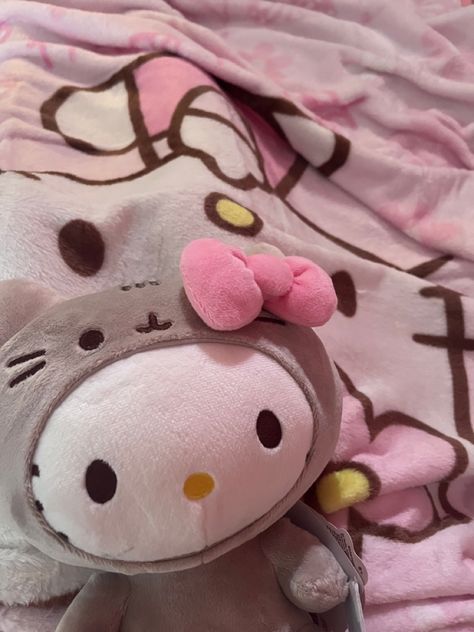 hello kitty x pusheen plush and blanket ^_^ Hello Kitty Blankets, Pusheen And Hello Kitty, Pusheen Blanket, Pusheen Hello Kitty, Hello Kitty And Pusheen, Hello Kitty Pusheen, Pink Kawaii Aesthetic, Hello Kitty X Pusheen, Hello Kitty Plushies