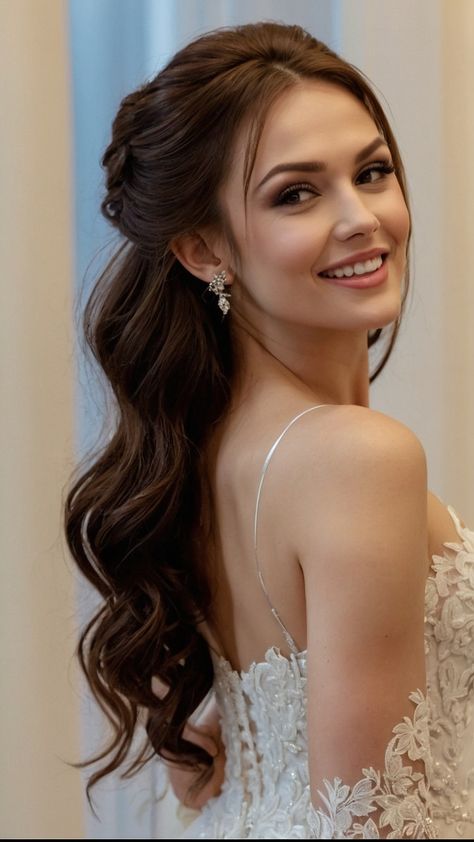 Discover the latest trending 'down bridal hairstyles' for your wedding day look From elegant half up half down styles to timeless classic braids find inspiration for all hair types and lengths including long loose waves headband accents and more Whether you have short or long hair brown straight or blonde locks - there's a bridal hairstyle perfect for you Bride Hair Half Up Half Down Front View, Loose Waves Hairstyle, Hairstyles For V Neck Dress Neckline, Long Loose Waves, Half Up Half Down Styles, Classic Braids, Long Hair Brown, Hairstyles Brides, Down Styles