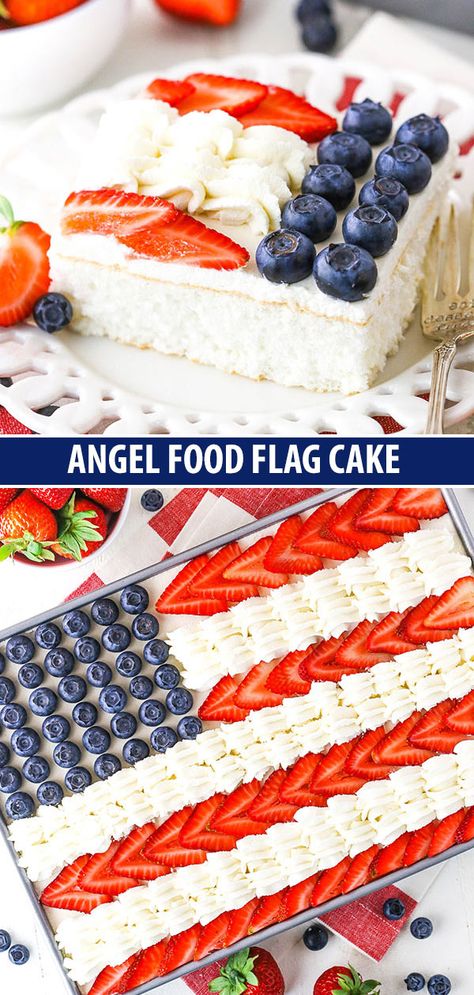 Angel Food Flag Cake | Perfect Fourth of July Dessert Fourth Of July Dessert, American Flag Cake, Flag Food, Dessert Parfait, Flag Cake, Light Cakes, 4th Of July Desserts, Angel Cake, Angel Food Cake