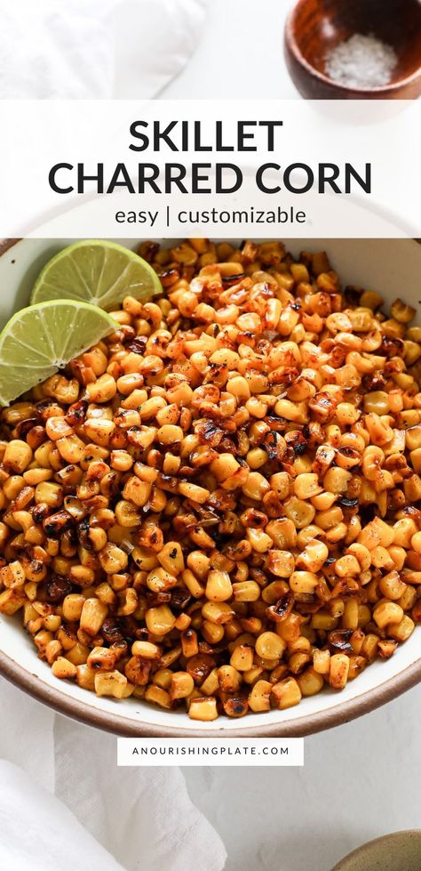 This skillet blackened corn, also referred to as charred corn, is a quick and easy side dish with tons of flavor. Blackstone Corn, Blackened Corn, Elote Recipe, Mexican Side, Skillet Corn, Charred Corn, Mexican Side Dishes, Entertaining Food, Amazing Food Hacks