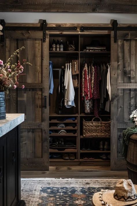 Rustic Charm: Farmhouse Closet Ideas Unlocked Discover the warmth of rustic wardrobe designs with my top farmhouse closet ideas that blend chic organization with country style charm. Rustic Bedroom Wardrobe, Room Walk In Closet Ideas, Rustic Wardrobe Ideas, Farmhouse Closet Ideas, Rustic Closet Ideas, Master Closet Laundry, Dressing Room Walk In Closet, Rustic Wardrobe, Farmhouse Closet