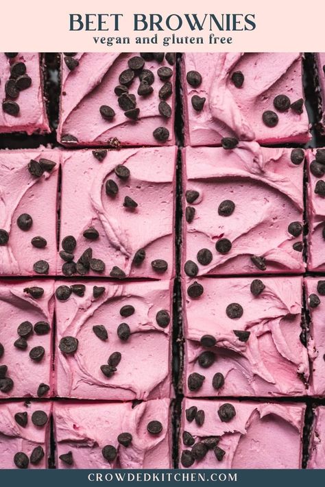 These vegan and gluten free beet brownies are made with a not-so-secret ingredient: beet pulp! They're SO fudgy, rich and delicious, especially topped with a bright pink frosting and chocolate chips. You really can't taste the beets much, but they add so much moisture (and a hidden serving of veggies!). Beet Brownies, How To Make Beets, Homemade Veggie Burgers, Pulp Recipe, Crowded Kitchen, Fresh Beets, Beet Recipes, Pink Frosting, Natural Food Coloring