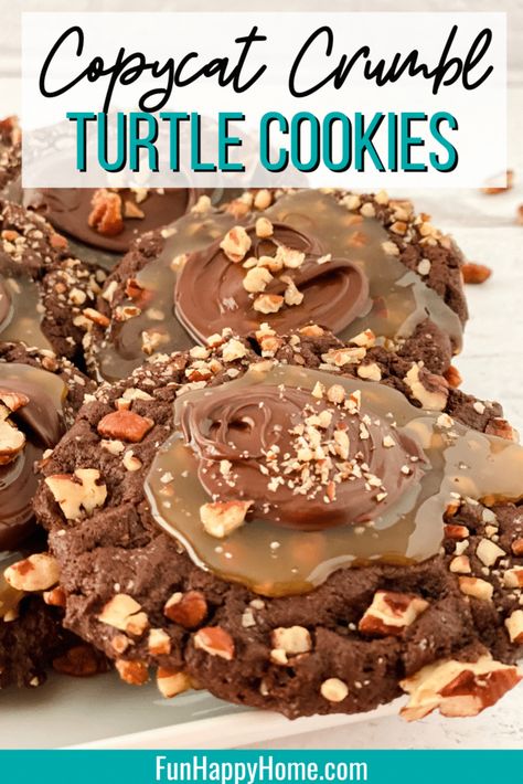 Crumbl Recipes, Chocolate Turtle Cookies, Turtle Cookies Recipe, German Chocolate Cookies, Crumble Cookie Recipe, Chocolate Turtle, Turtle Cookies, Chocolate Turtles, Gooey Cookies