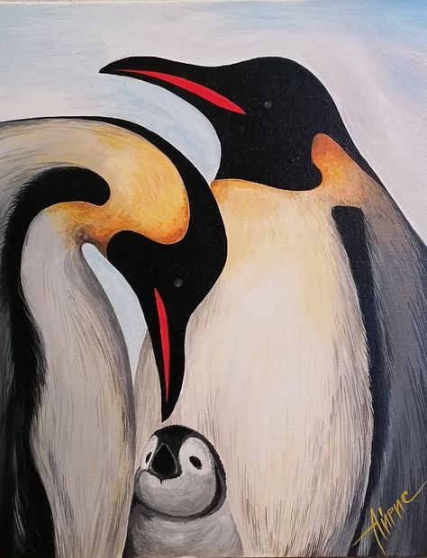 A beautiful art painting depicting a family of penguins.  The painting will decorate your interior in any room.  Acrylic painting technique Penguin Painting, Magellanic Penguin, Acrylic Varnish, Penguin Art, Travel Painting, Family Painting, Christmas Bird, Baby Penguins, Hyperrealism