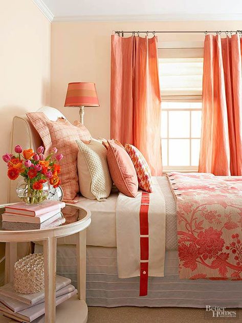 How lovely is this coral orange color for a bedroom? Orange is such a bright energizing color, bringing harmony and energy to any space you use it in. Learn how to incorporate orange into your home decor, in your living room, bedroom, kids bedroom, kitchen, dining room, bathroom, foyer, and other space. We also share popular combinations like orange and white, orange and blue, orange and gray. Hadley Court Interior Design blog. Gold Painted Walls, Calming Bedroom, Orange Home Decor, Bedroom Orange, Home Decor Colors, Gold Bedroom, Orange Decor, Living Room Color Schemes, Boost Your Mood