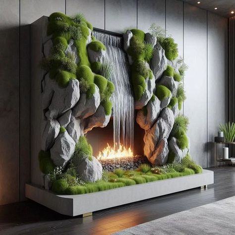 Transform Your Home with a Stunning Waterfall-Shaped Fireplace Indoor Living Wall, Indoor Waterfall Wall, Wall Plants Indoor, Living Wall Indoor, Plants Stand, Wall Plants, Fireplace Style, Water Wall Fountain, Drawing Room Furniture