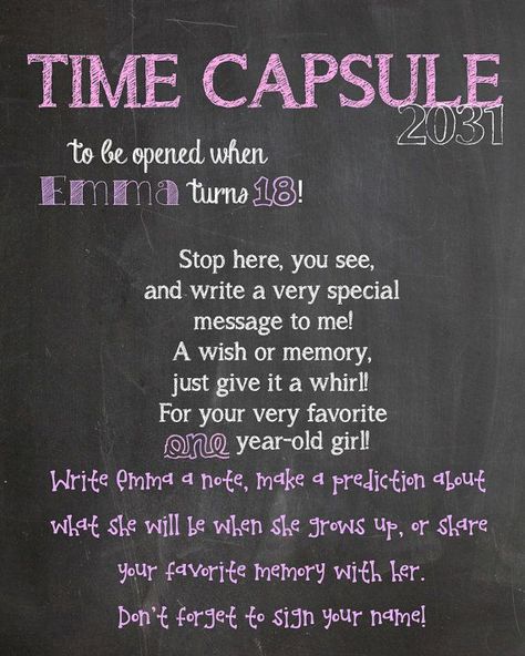 Fabulous idea. Instead of grift for a 1-year old, ask loved ones to write a letter for an 18th birthday time capsule. Love this!! First Birthday Time Capsule, Birthday Time Capsule, Winter Onederland, Birthday Planning, Baby 1st Birthday, 1st Birthdays, Guest Books, Girl First Birthday