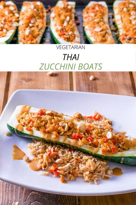 Go boating with these Thai vegetarian zucchini boats! It's a spicy, simple stuffed zucchini recipe with delicious Thai flavors! // vegetarian stuffed zucchini with rice Vegetarian Stuffed Zucchini, Vegetarian Zucchini Boats, Thai Zucchini, Veggie Pasta Bake, Vegetarian Asian, Meatless Monday Dinner, Vegetarian Thai, Thai Spices, Thai Curry Paste