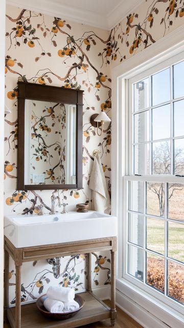 Loree Beth Harris on Instagram: "It may be 36 degrees, but this birds and persimmon wallpaper say it’s officially the first day of Spring. #interiordesign #interiordesigner #powderroom #homedecor #homedesign #designinspiration #homeinspo" Delicate Wallpaper, Disc Interiors, Orange Rooms, Picture Lights, Dining Room Storage, Classic Wall, Bedroom Color Schemes, Exclusive Furniture, First Day Of Spring