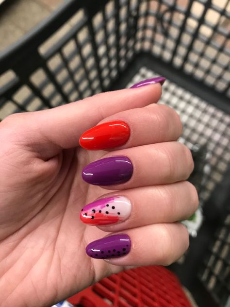 Purple and red nails #nailart #nailpolish #nailideas Pink Purple And Red Nails, Red And Lavender Nails, Red And Purple Nails Acrylic, Red And Lilac Nails, Lilac And Red Nails, Pink Red Purple Nails, Red And Purple Nails Color Combos, Red And Purple Nails Designs, Red Purple Nails