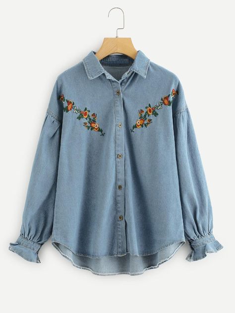 Botanical Embroidered Denim Shirt -SheIn(Sheinside) Embroidery Dolphin, Flower Embroidery Ideas, Embroidery On Jeans, Denim Blouse Women, Satin Stitch Flower, Blouse Dress Outfit, Flower Hand Embroidery, Roses Embroidery, Jeans Blouse