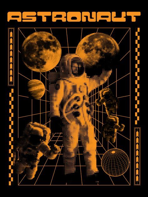 Floating Through Space, Halftone Graphic, Streetwear Illustration, The Astronauts, Halftone Design, Halftone Pattern, Astronaut Design, Planet Design, Music Festival Poster