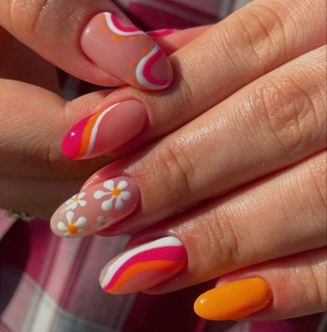 Medium Almond Acrylic Nails Summer, Pink And Orange Nails Almond, Pink Orange And White Nails, Pink And Orange Flower Nails, Goa Nails, 70’s Nails, Summer Nails Pink And Orange, Orange Pink Nails, Summer Nails 2023 Color Trends