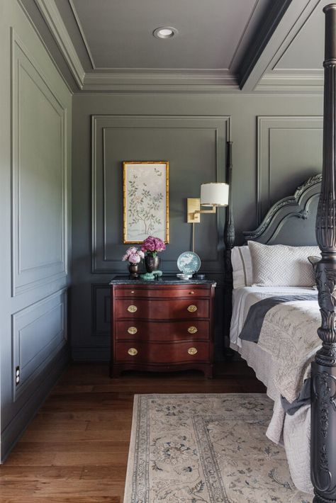 Victorian Farmhouse Bedroom Ideas, Moody Dresser Makeover, Moody Southern Home, Bedroom With Wainscoting Master, Moody Primary Bedroom Ideas, Moody Sage Green Bedroom, Paint Drenching Bedroom, Revere Pewter Bedroom Master, Bedroom With Moulding