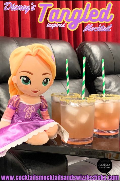 this image shows three light purple drinks with gold rims with green striped straws with a Rapunzel doll sitting next to them in a home theater. Disney Themed Drinks, Disney Inspired Recipes, Movie Night Dinner, Tangled Movie, Tangled Birthday Party, Tangled Birthday, Disney Movie Night, Themed Drinks, Alcoholic Drink