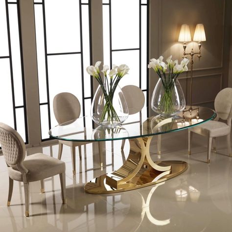 Oval Glass Dining Table, Glass Dining Set, Dining Table Ideas, Oval Dining Table, Dining Room Makeover, Luxury Dining Room, Elegant Dining Room, Oval Table Dining, Luxury Dining