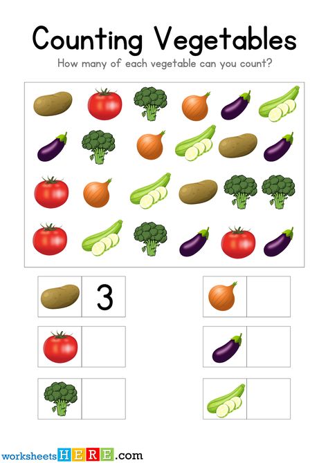 Counting Vegetables, Count Each Vegetable and Write PDF Worksheet For Kids - WorksheetsHere.com Vegetables Worksheets For Kids, Rote Counting, Worksheet For Kids, The Teacher, Worksheets For Kids, Kindergarten, Preschool, For Kids, Writing