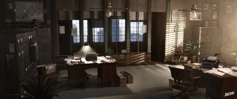 Detective's Office | Police Station, Bram Sels on ArtStation at https://www.artstation.com/artwork/a81L9 Police Department Office, Detective Office, Victorian Office, London Police, Call Of Cthulhu, Strong Female, Police Station, Matte Painting, Female Character