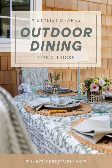 Outdoor Dining tips & tricks pin collage. Summer Tablescapes Outdoor Dining, Dining Table With Mismatched Chairs, Table With Mismatched Chairs, Tablescapes Outdoor, Outside Dining Table, Dining Table Settings, Outdoor Dinner Table, Outdoor Buffet, Mismatched Chairs