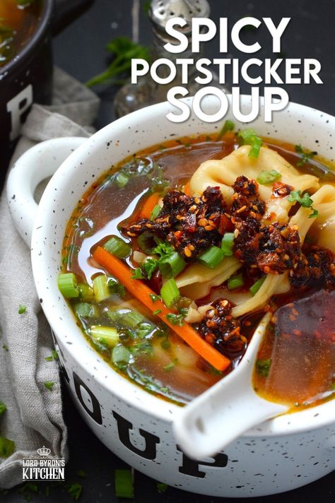 Pick up a package of frozen potstickers, wontons, or dumplings from your local grocery store and cook them in a savoury broth to make the most deliciously wonderful Spicy Potsticker Soup. Loaded with green onions, garlic, ginger, and carrots, this soup is good for you too! #spicy #potsticker #wonton #gyoza #stew #soup #chili #chilicrunch Gyoza Soup, Potsticker Soup, Frozen Potstickers, Chicken Dumpling, Asian Soup Recipes, Asian Soups, Meatless Mains, Stew Soup, Soup Chili