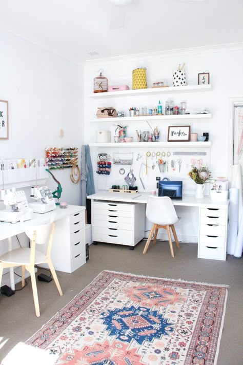 A Room Of Her Own, Creative Office Space Home, Apartment Friendly Storage, Sewing Workspace Ideas, Craft Room With Futon, Home Office Creative Space, Craft Space Ideas Workspaces, Sewing Desk Ideas, Sewing Decor Ideas