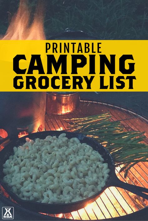 KOA Printable Camping Grocery List Tent Camping Meals, Camping Grocery List, Camping Food List, Camping Essentials List, Rv Camping Checklist, Motorcycle Camping Gear, Printable Shopping List, Camping List, Motorcycle Camping