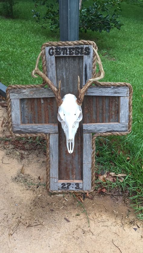 Rustic cross European mount European Deer Mount Ideas Display, Deer Antler Mount Ideas, European Deer Mount Ideas, Euro Mount Ideas, Antler Mount Ideas, Deer Mount Decor, Euro Mount, Deer Mount Ideas, Hunting Home Decor