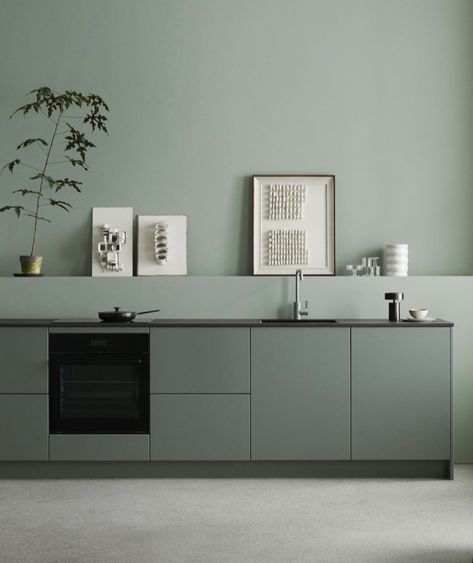 Bodarp Gray-green Kitchen, Modern Kitchen Lighting, Freestanding Kitchen, Kitchen Cabinet Colors, Kitchen Inspiration Design, Kitchen Furniture Design, Apartment Kitchen, Green Kitchen, Kitchen Style