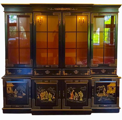 Chinoiserie Dining Room, Black Chinoiserie, Asian Cabinet, Wedgewood China, Breakfront China Cabinet, Dish Display, Landing Area, Martha Washington, Dining Cabinet