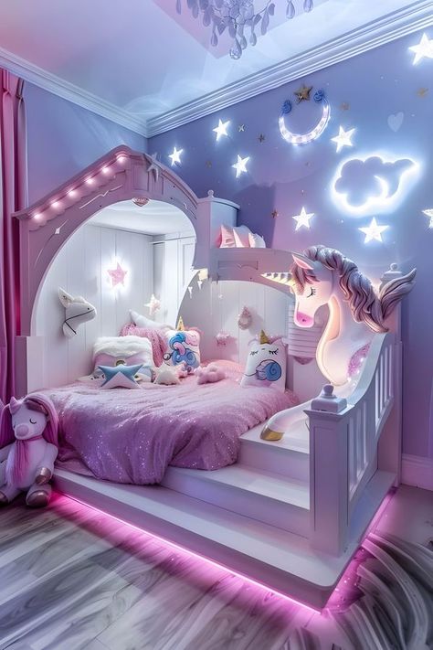 Girls Bedroom Unicorn, Unicorn Themed Bedroom, Bedroom Unicorn, Princess Kitchen, Girls Bedroom Decor Ideas, Bedroom On A Budget, Girls Room Design, Unicorn Bedroom, Toddler Bedroom Girl