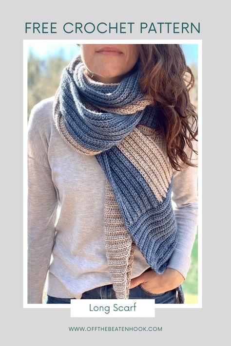 Long Scarf Free Crochet Pattern - Off the Beaten Hook Long Scarf Crochet, Crochet Pattern Scarf, Wearable Crochet, Beginner Friendly Crochet, Hook Crochet, Crochet Tee, Crochet Scarf Pattern, Fall Crochet Patterns, Winter Crochet