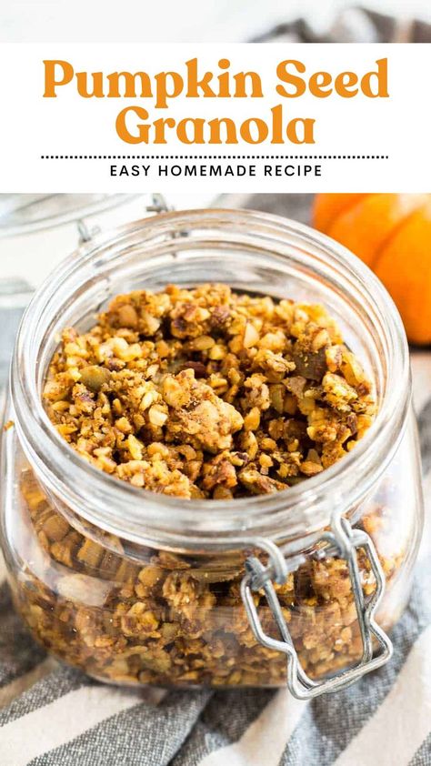 A delicious homemade pumpkin seed granola that's easy to make. This crunchy granola features roasted pumpkin, pecans, maple, and pumpkin spice flavors. Just a few simple ingredients and 30 minutes to bake. Check out the full recipe on my website! Pumpkin Seed Granola, Waffles Savory, Homemade Pumpkin Seeds, Easy Delicious Breakfast, Seed Granola, Crispy Waffles, Easy Granola Recipe, Pumpkin Spice Granola, Pumpkin Granola