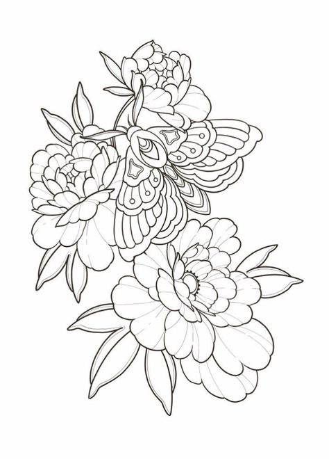 Yarn And Flowers Tattoo, Moth Butterfly Flower Tattoo, Moth On Flower Tattoo, Moth Peony Tattoo, Peony And Moth Tattoo, Flower Shaded Tattoo, Line Tattoo Ideas Unique, Black Work Flower Tattoo Design, Neotraditional Tattoo Design Sketch