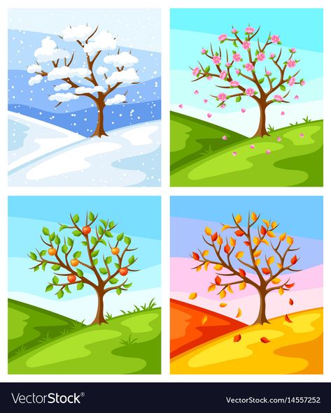 Four Seasons Painting, Four Seasons Art, Seasons Preschool, خريطة ذهنية, Spring Tree, Seasons Art, Hur Man Målar, Tree Illustration, Four Season