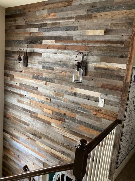 Multicolor Wood Wall, Half Tin Half Wood Walls, Scrap Wood Accent Wall, Barnboard Accent Wall, Barnwood Shiplap Wall, Farmhouse Wood Accent Wall, Stained Shiplap Wall, Farmhouse Upgrades, Accent Wall Fireplace Living Room