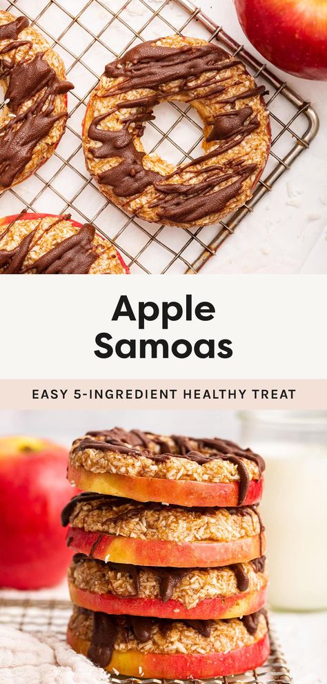 This apple samoas recipe is super easy to make with just 5 ingredients! Apple slices are topped with a coconut almond butter mixture and drizzled with chocolate. It's the perfect healthy fall treat! Apple Samoas, Apple Snacks Healthy, Samoas Recipe, Paleo Kids Recipes, Almond Butter Snacks, Thanksgiving Desserts Apple, Apple Dessert Recipes Easy, Baked Apple Slices, Caramel Apple Slices