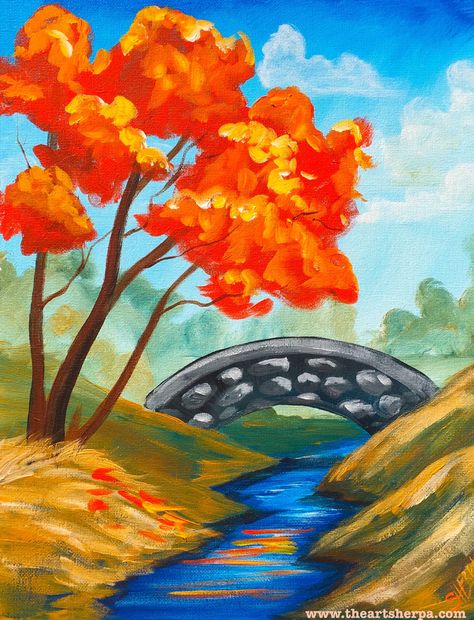 Fall Landscape with stream and Stone Bridge with stream in acrylic paint on canvas full real time LIVE tutorial. Simple materials and a VERY EASY landscape for new painters!! The Art Sherpa, Easy Landscape Paintings, Scenery Drawing, Watercolor Art Diy, Christmas Paintings On Canvas, Fall Canvas, Wine Painting, Fall Landscape, Easy Canvas Painting