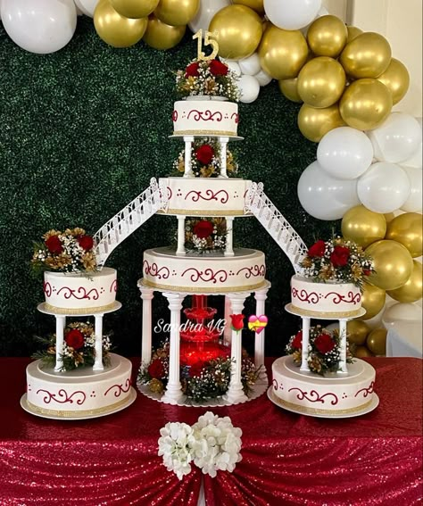 Red Silver Quinceanera Ideas, Big Quinceanera Cakes, Quinceanera Cakes Burgundy And Gold, Rose Theme Quinceanera Ideas, Red And Gold Charro Quinceanera Cake, Quince Red Cake Ideas, Quince Cakes Ideas, Red Cake For Quinceanera, Red And Gold Cake Quinceanera