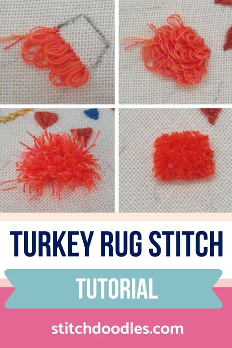 Turkey Knot Embroidery, Embroidery Fringe Stitch, Fur Embroidery Stitch, Embroidery Fluffy Stitch, Turkey Rug Stitch, Loopy Embroidery Stitch, Embroidery Pom Pom, Embroidery Turkey Stitch, Turkey Stitch Tutorial