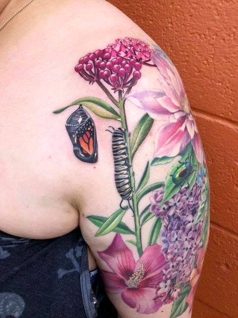 Monarch Chrysalis Tattoo, Colorful Insect Tattoo, Pollinator Tattoo Sleeve, Monarch Caterpillar Tattoo, Chrysalis Tattoo, Milkweed Tattoo, Caterpillar Tattoo, Monarch Tattoo, Ocean Sleeve