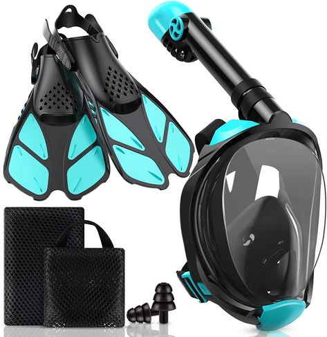 Short fins and foldable snorkel design, our snorkeling gear for adults and kids can be easily packed in carrying bag (included) and great for travel. Whether you're a beginner or an experienced snorkeling enthusiast, this snorkel set will take your next snorkeling trip to better level. We offer a 30-day return guarantee and are always available to solve any issues within 24 hours. Please check the size chart and color carefully before ordering. S/M & L/XL available Snorkel Gear, Full Face Snorkel Mask, Swim Fins, Stocking Stuffers For Women, Snorkel Mask, Snorkel Set, Snorkeling Gear, Gel Mask, Full Face Mask