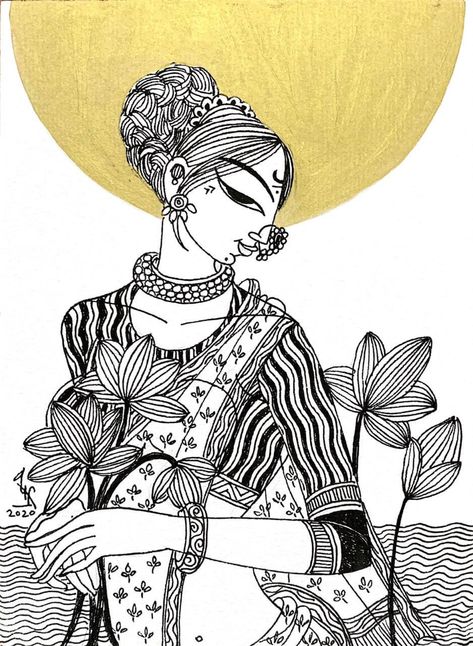 Bring home Lady with Lotus - a unique piece of art by the most loved Varsha Kharatmal. Find the art you love on Artflute.com. Lady With Lotus Painting, Unique Illustration Art, Varsha Kharatmal Paintings, Art Outlines Templates, Indian Culture Art Drawing, Creative Drawings Unique, Black Ink Art Illustrations, Indian Culture Drawing, Black And White Painting Acrylic