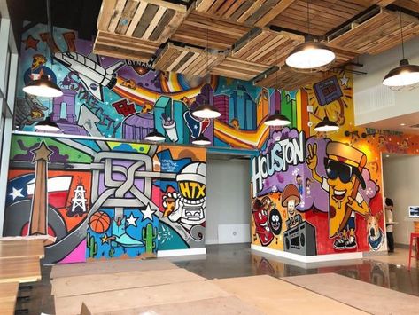 Indoor Mural by Mario E. Figueroa, Jr. (GONZO247) at Wholesome Pies Pizza Restaurant Pizza Mural, Indoor Mural, Custom Wall Decor, Mural Ideas, Pizza Restaurant, Minimal Wall Art, April May, Local Design, Living Room Paint