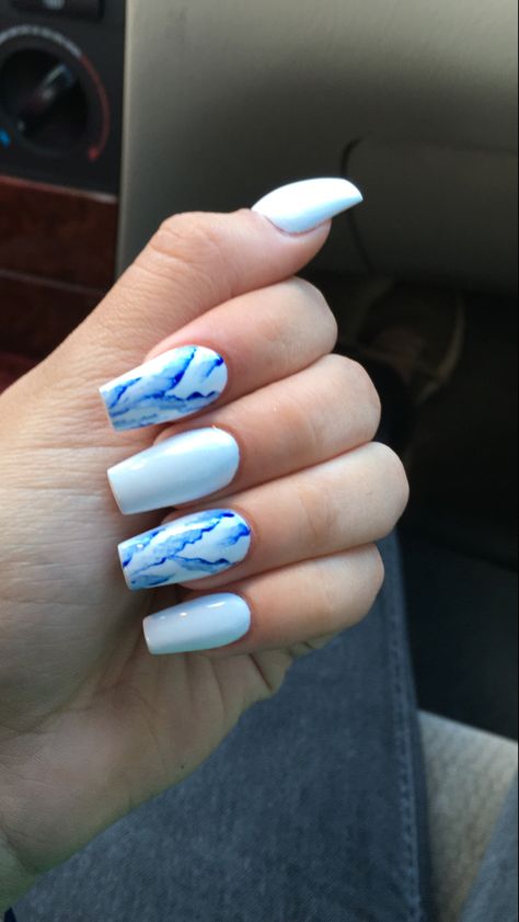 Light Blue And White Nails Design, Summer Nails Blue And White, Nails Board, Blue And White Nails, Graduation Nails, How To Cut Nails, Anime Nails, Fancy Nails Designs, Polygel Nails