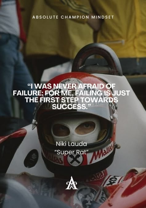 “I was never afraid of failure; for me, failing is just the first step towards success.” - Niki Lauda “Super Rat” Follow us for more daily quotes and inspirational videos @absolutechampionmindset #formula1 #nikilauda #motivationalquote #dailyquotes #motivation #inspiration #success #quote #quotes #motivationalquotes #dailymotivation #lifemotivation Niki Lauda Quotes, Race Quotes Inspirational, Formula 1 Quotes Inspiration, F1 Driver Quotes, F1 Quotes Motivation, F1 Motivation, Formula 1 Quotes, F1 Decor, F1 Background