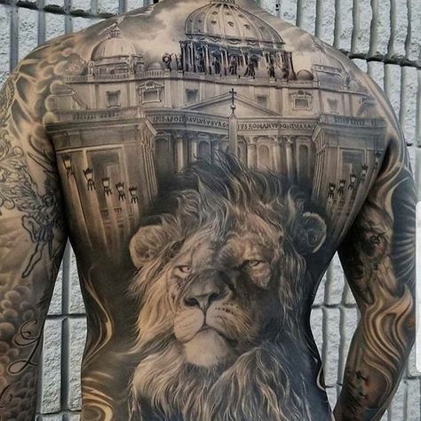 Lion Back Tattoo, Wizard Tattoo, Cool Back Tattoos, Upper Back Tattoos, Back Piece Tattoo, Full Back Tattoos, Back Tattoos For Guys, Back Tattoos, Lion Tattoo