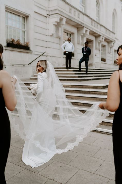 Bride wears cathedral veil with scallop lace edging Cathedral Veil With Lace Trim, Cathedral Veil Wedding Photos, Hackney Town Hall, Lace Edge Veil, Veil With Lace, Lace Cathedral Veil, Cathedral Wedding Veils, Black Bridesmaid, Pronovias Wedding Dress