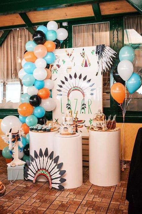 Loving the dessert table at this tribal 1st birthday party!  See more party ideas and share yours at CatchMyParty.com #catchmyparty #partyideas #tribalparty  #boy1stbirthdayparty #indians #tribaldesserttable Indian Birthday Decorations, Indian Party Themes, Indian Birthday Parties, 50th Birthday Party Decorations, Birthday Dessert, Indian Theme, Wild One Birthday Party, Indian Party, Boho Birthday